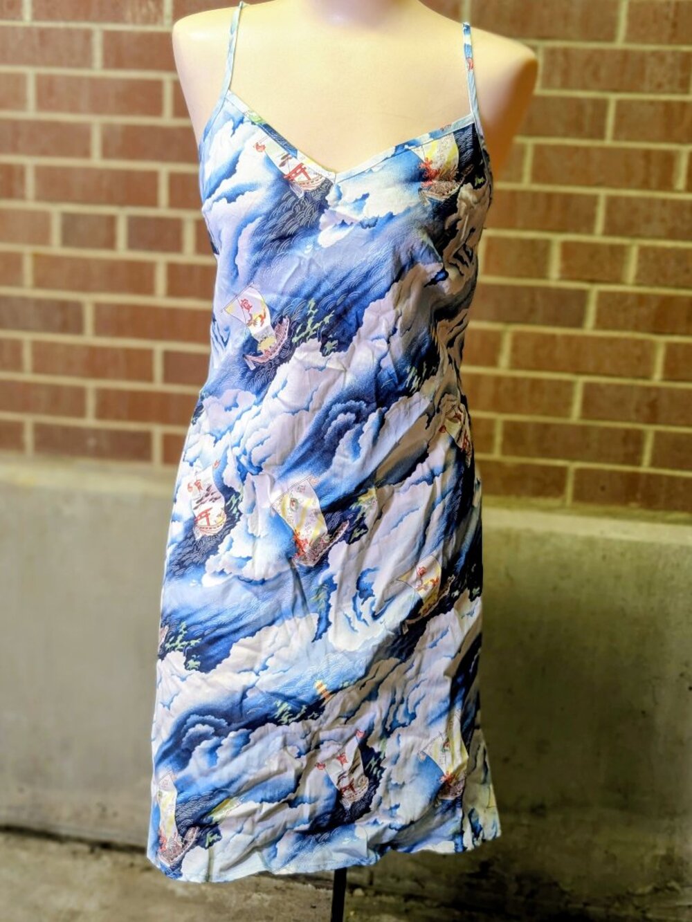 Vintage Y2K Wanted Slip Dress Womens S Japanese Sea Ocean Ship Print Cami Midi